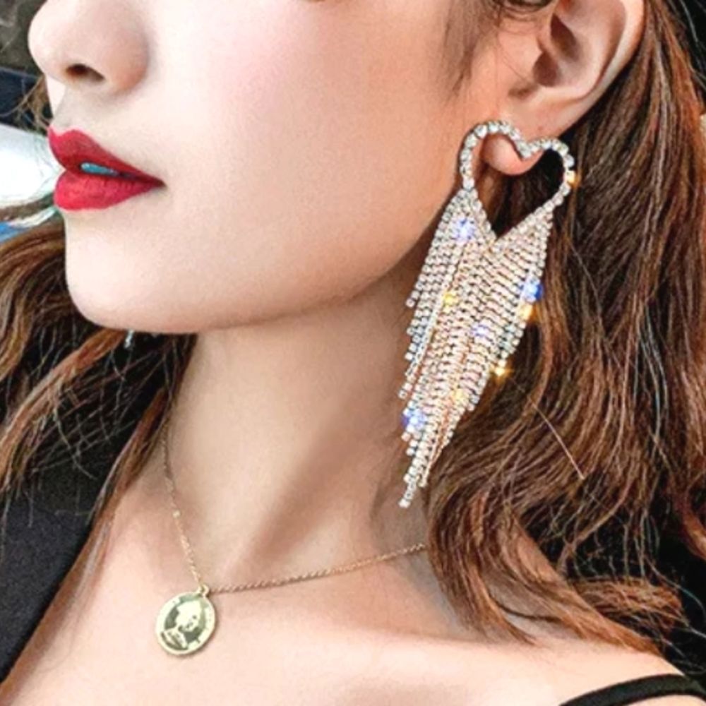 HEART FRINGE RHINESTONE SILVER EARRINGS